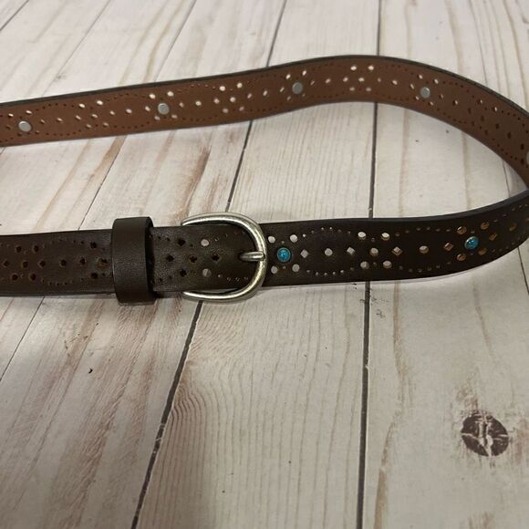 NYDJ Brown Leather Laser cut Belt Turquoise color stones - Picture 1 of 4